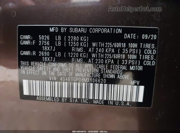 4S4BTGPD8M3106620 2021 SUBARU OUTBACK Brown 