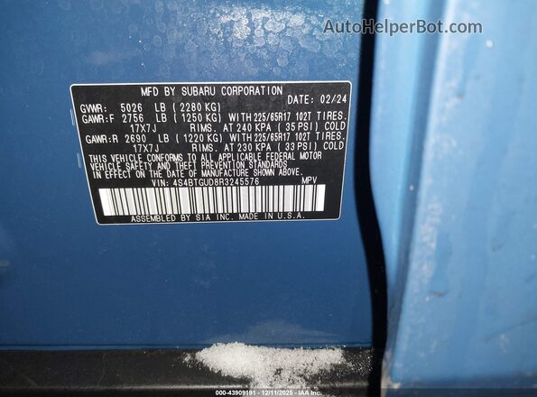 4S4BTGUD8R3245576 2024 SUBARU OUTBACK Синий Вид подкапотного пространства