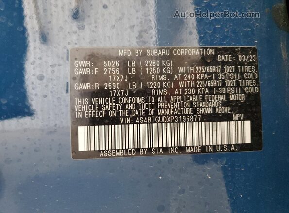 4S4BTGUDXP3196877 2023 SUBARU OUTBACK Blue Vista de la etiqueta del VIN
