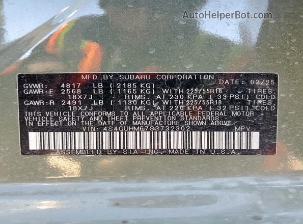 4S4GUHM67S3732302 2025 SUBARU CROSSTREK Green VIN կոդի պիտակի տեսք