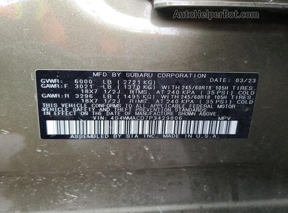 4S4WMACD7P3429806 2023 SUBARU ASCENT Зеленый Вид наклейки с VIN-кодом