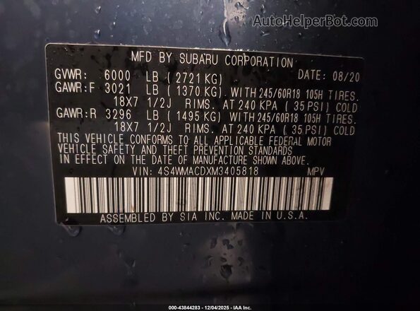 4S4WMACDXM3405818 2021 SUBARU ASCENT Синий Вид подкапотного пространства