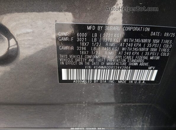 4S4WMADD8S3443964 2025 SUBARU ASCENT Gray Widok komory silnika