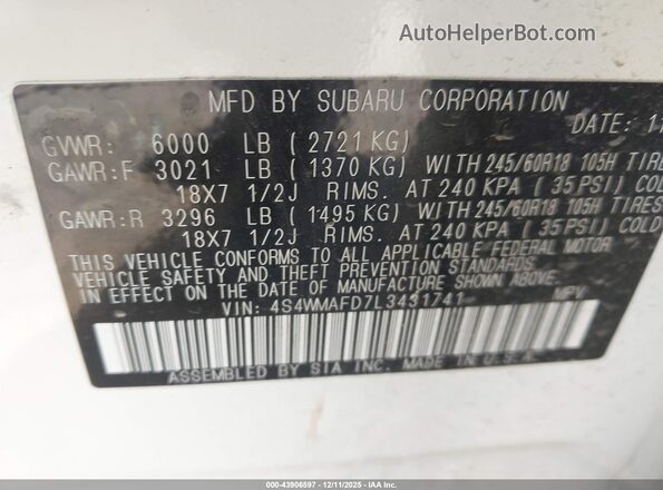 4S4WMAFD7L3431741 2020 SUBARU ASCENT White Engine compartment view