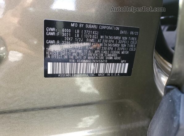 4S4WMAGD7N3458410 2022 SUBARU ASCENT Зеленый Вид наклейки с VIN-кодом