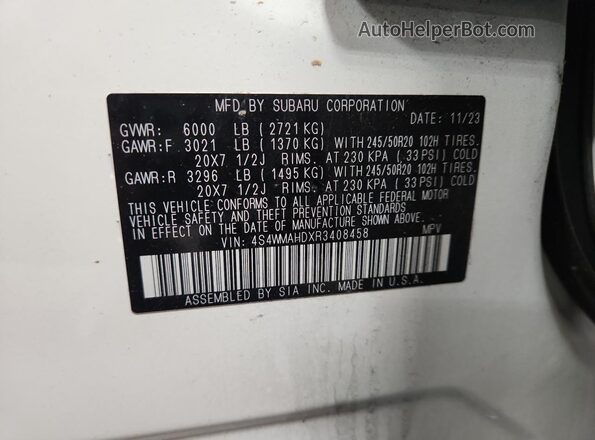4S4WMAHDXR3408458 2024 SUBARU ASCENT White Панорамний вид салону 360°