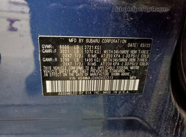 4S4WMAJDXN3432313 2022 SUBARU ASCENT Blue Vista de la etiqueta del VIN