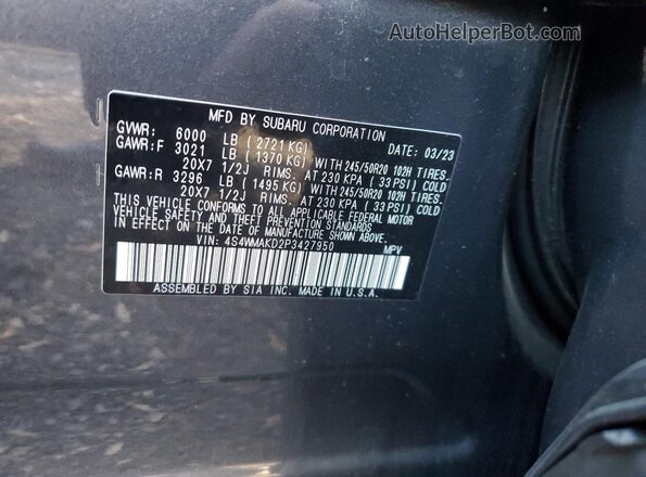 4S4WMAKD2P3427950 2023 SUBARU ASCENT Gray Vista de la etiqueta del VIN
