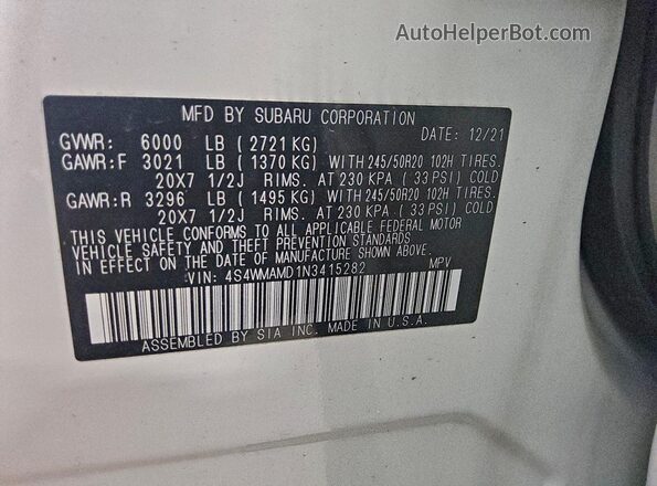 4S4WMAMD1N3415282 2022 SUBARU ASCENT Белый Вид наклейки с VIN-кодом