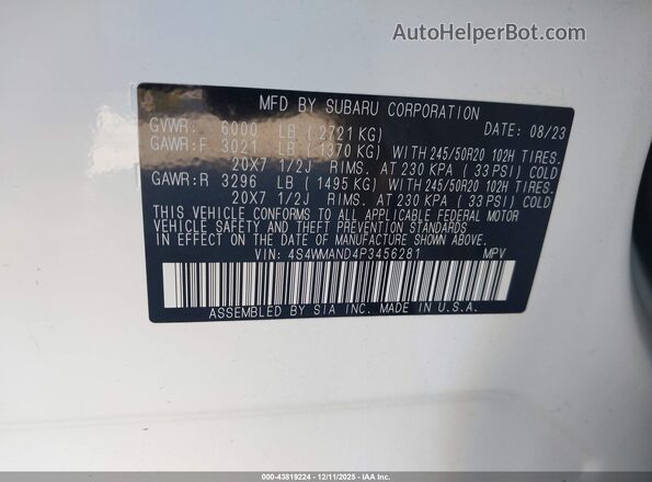 4S4WMAND4P3456281 2023 SUBARU ASCENT Белый Вид подкапотного пространства