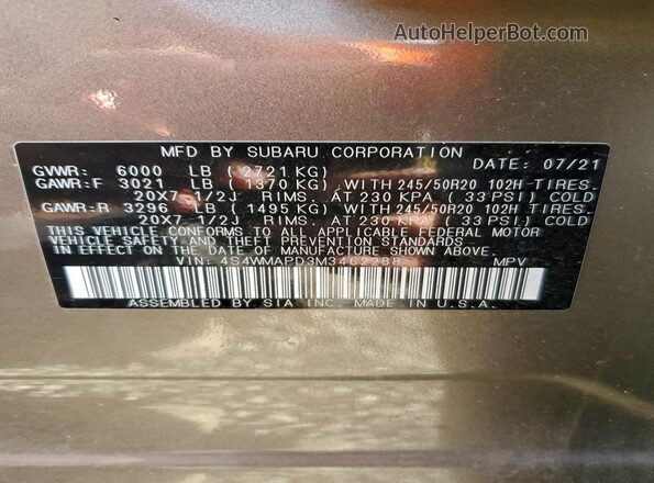4S4WMAPD3M3462288 2021 SUBARU ASCENT Brown VIN կոդի պիտակի տեսք