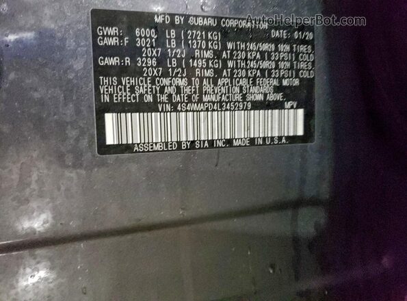4S4WMAPD4L3452979 2020 SUBARU ASCENT Charcoal Вид наклейки з VIN-кодом