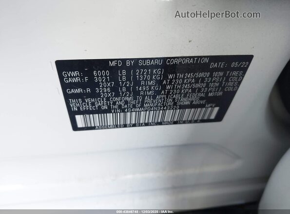 4S4WMAPD4N3443220 2022 SUBARU ASCENT White Widok komory silnika
