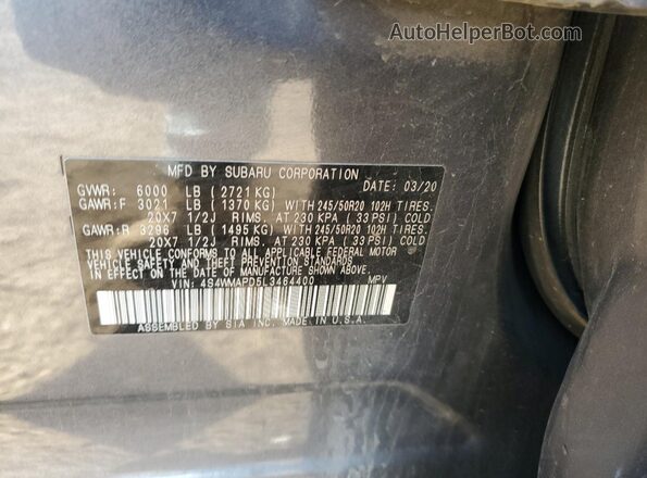 4S4WMAPD5L3464400 2020 SUBARU ASCENT Charcoal Vista de la etiqueta del VIN