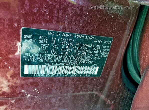 4S4WMARD2L3462147 2020 SUBARU ASCENT Red VIN sticker view