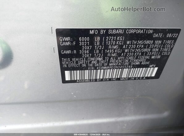 4S4WMARD2N3455248 2022 SUBARU ASCENT Silver 