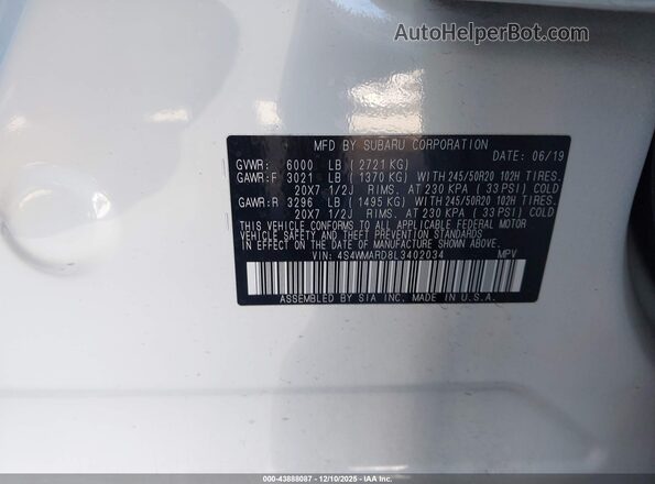 4S4WMARD8L3402034 2020 SUBARU ASCENT White Engine compartment view