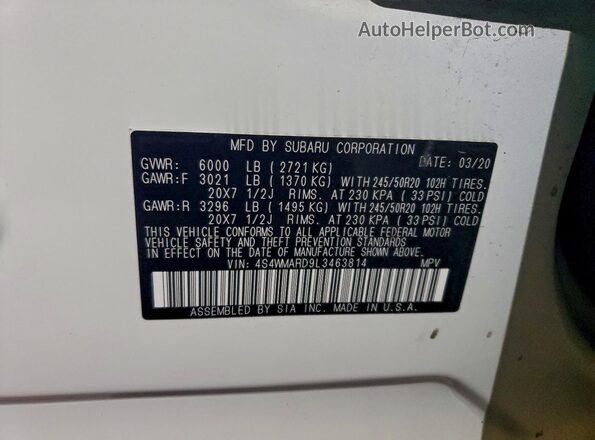4S4WMARD9L3463814 2020 SUBARU ASCENT White VIN կոդի պիտակի տեսք