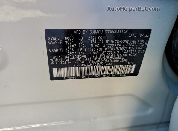4S4WMARD9N3452668 2022 SUBARU ASCENT White Vista de la etiqueta del VIN