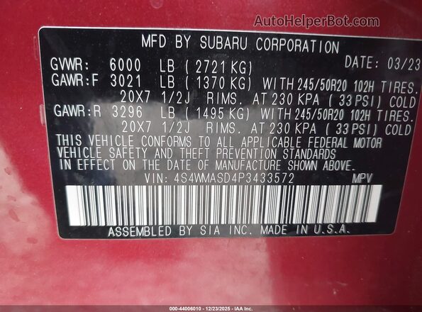 4S4WMASD4P3433572 2023 SUBARU ASCENT Красный Вид подкапотного пространства