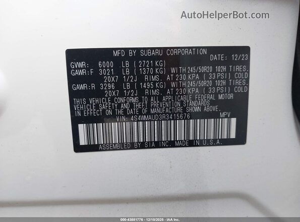 4S4WMAUD3R3415676 2024 SUBARU ASCENT Белый Вид подкапотного пространства