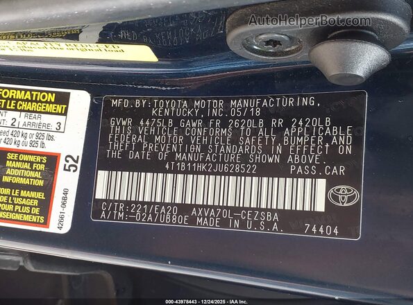 4T1B11HK2JU628522 2018 TOYOTA CAMRY Blue ძრავის განყოფილების ხედი