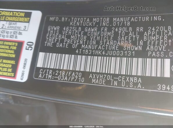 4T1B31HK4JU003131 2018 TOYOTA LE Black Вид підкапотного простору