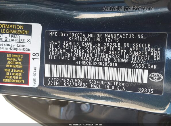 4T1BK1EB2GU205949 2016 TOYOTA LIMITED Black Widok komory silnika