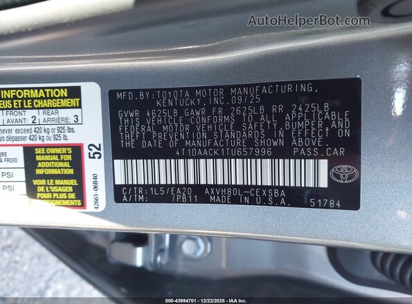 4T1DAACK1TU657996 2026 TOYOTA CAMRY Серебряный Вид подкапотного пространства