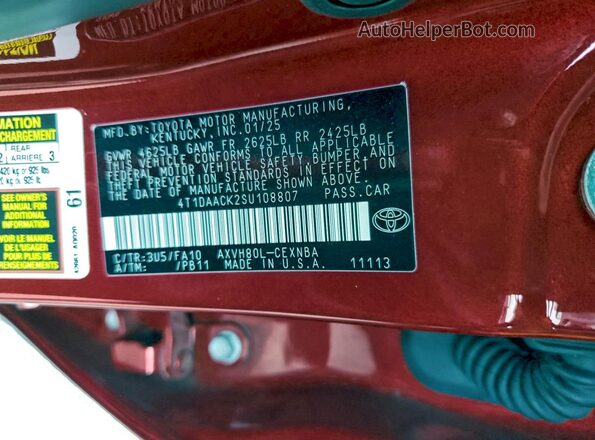 4T1DAACK2SU108807 2025 TOYOTA CAMRY Red Vista del compartimento del motor
