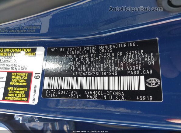 4T1DAACK2SU181949 2025 TOYOTA LE Blue Շարժիչի բաժամունքի տեսք