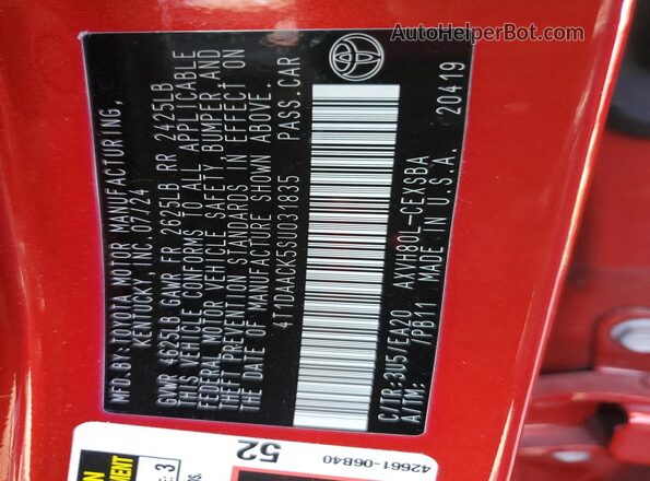 4T1DAACK5SU031835 2025 TOYOTA CAMRY Красный Вид наклейки с VIN-кодом