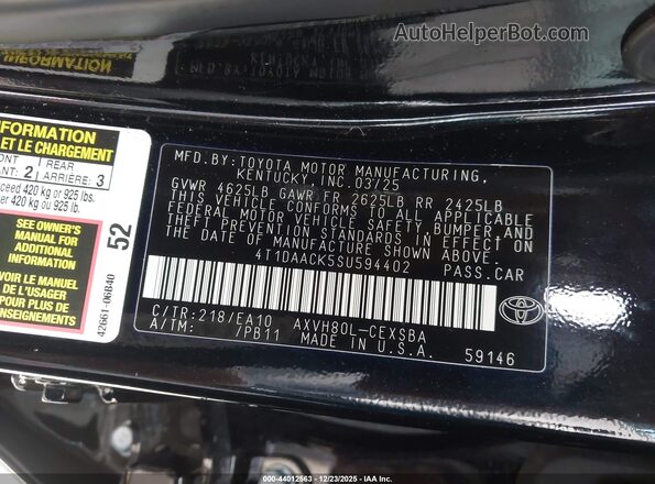 4T1DAACK5SU594402 2025 TOYOTA CAMRY Черный Вид подкапотного пространства