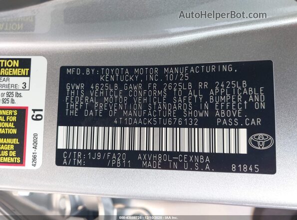 4T1DAACK5TU676132 2026 TOYOTA LE Серебряный Вид подкапотного пространства