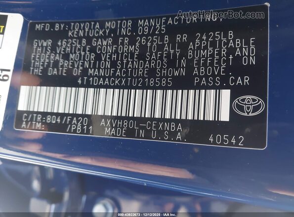 4T1DAACKXTU218585 2026 TOYOTA LE Blue Շարժիչի բաժամունքի տեսք