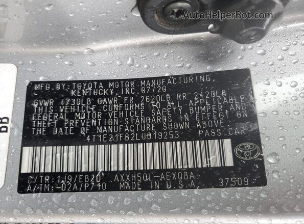 4T1E21FB2LU019253 2020 TOYOTA AVALON Silver ძრავის განყოფილების ხედი