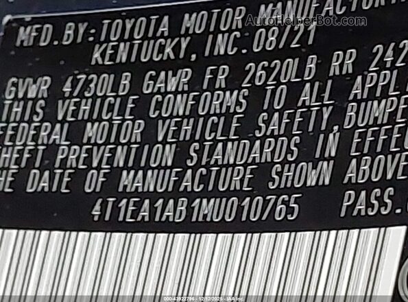 4T1EA1AB1MU010765 2021 TOYOTA AVALON Gray Vista del compartimento del motor