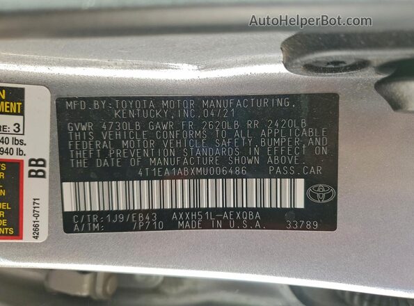 4T1EA1ABXMU006486 2021 TOYOTA AVALON Silver Вид підкапотного простору
