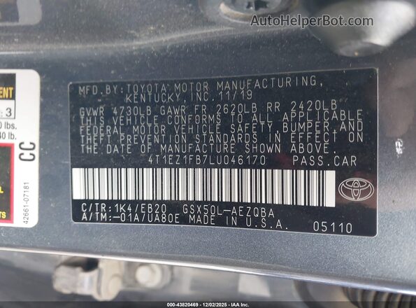 4T1EZ1FB7LU046170 2020 TOYOTA AVALON Серый Вид подкапотного пространства