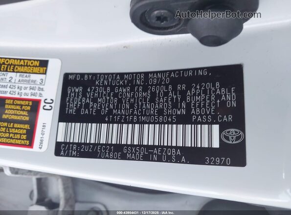 4T1FZ1FB1MU058045 2021 TOYOTA AVALON Silver Շարժիչի բաժամունքի տեսք