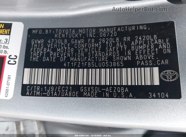 4T1FZ1FB5LU053865 2020 TOYOTA AVALON Silver Widok komory silnika