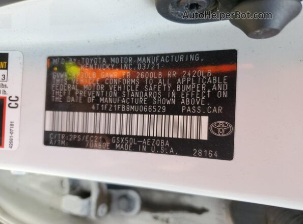 4T1FZ1FB8MU066529 2021 TOYOTA AVALON White Widok naklejki z numerem VIN
