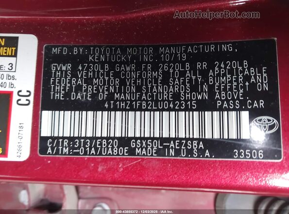 4T1HZ1FB2LU042315 2020 TOYOTA AVALON Red Вид підкапотного простору