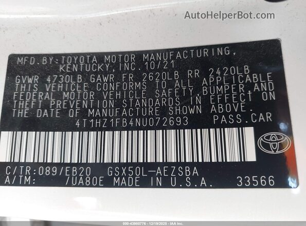 4T1HZ1FB4NU072693 2022 TOYOTA AVALON White Vista del compartimento del motor