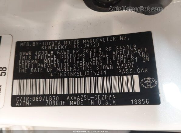 4T1K61BK5LU015341 2020 TOYOTA CAMRY White Engine compartment view
