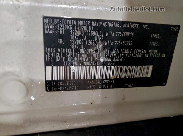 4T3E6RFV0NU070516 2022 TOYOTA RAV4 Белый Вид наклейки с VIN-кодом