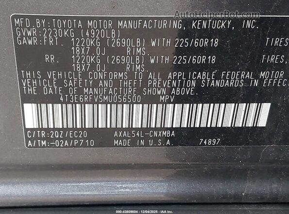 4T3E6RFV5MU056500 2021 TOYOTA RAV4 HYBRID Gray Vista del compartimento del motor