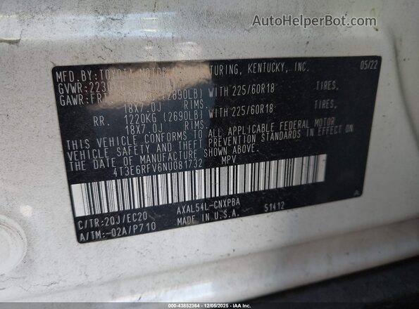 4T3E6RFV6NU081732 2022 TOYOTA RAV4 HYBRID White Vista del compartimento del motor