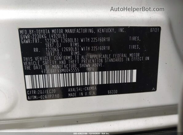 4T3E6RFV8MU045555 2021 TOYOTA RAV4 HYBRID White Widok komory silnika