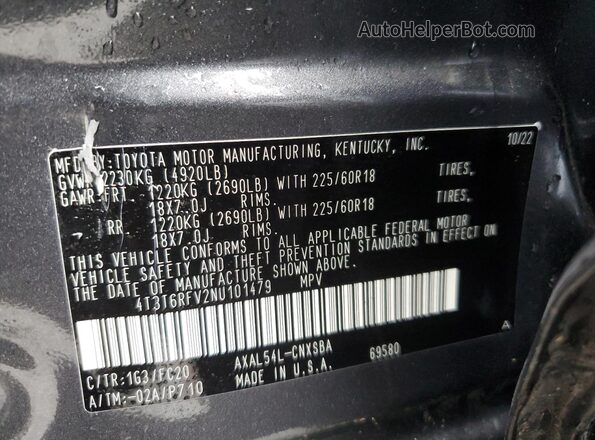 4T3T6RFV2NU101479 2022 TOYOTA RAV4 Gray Панорамний вид салону 360°